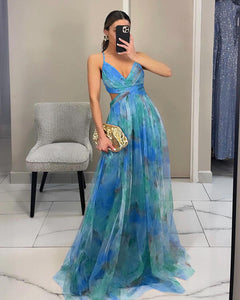 Blue and green printed dress, others colors pre-order