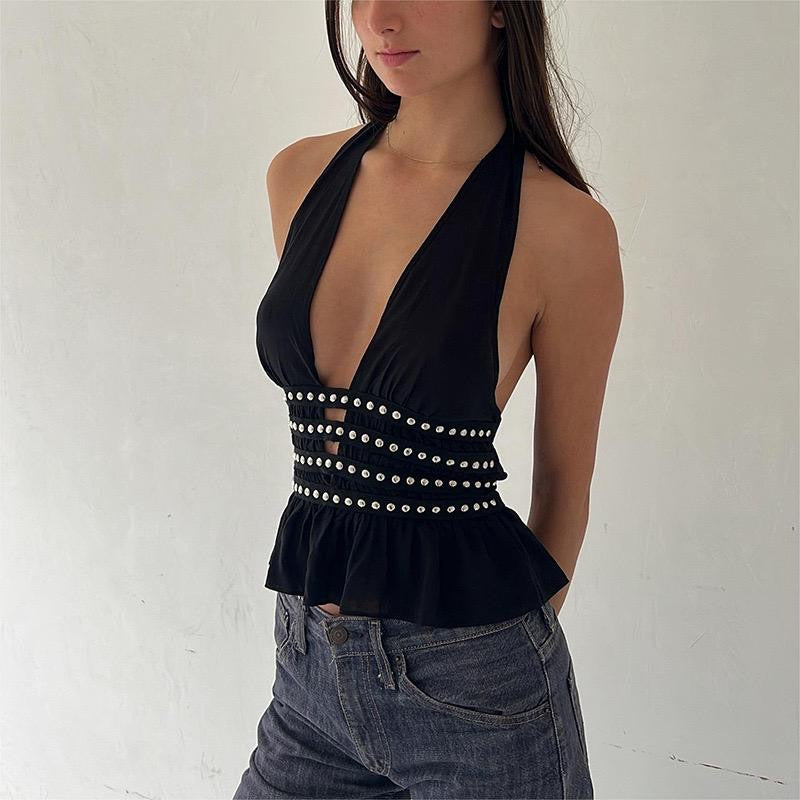 Black v cut beaded silver adjustable