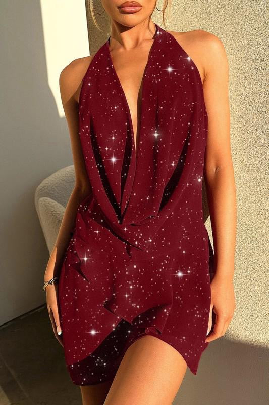 Dark Red Sparkly Cowl Neck Mini Dress