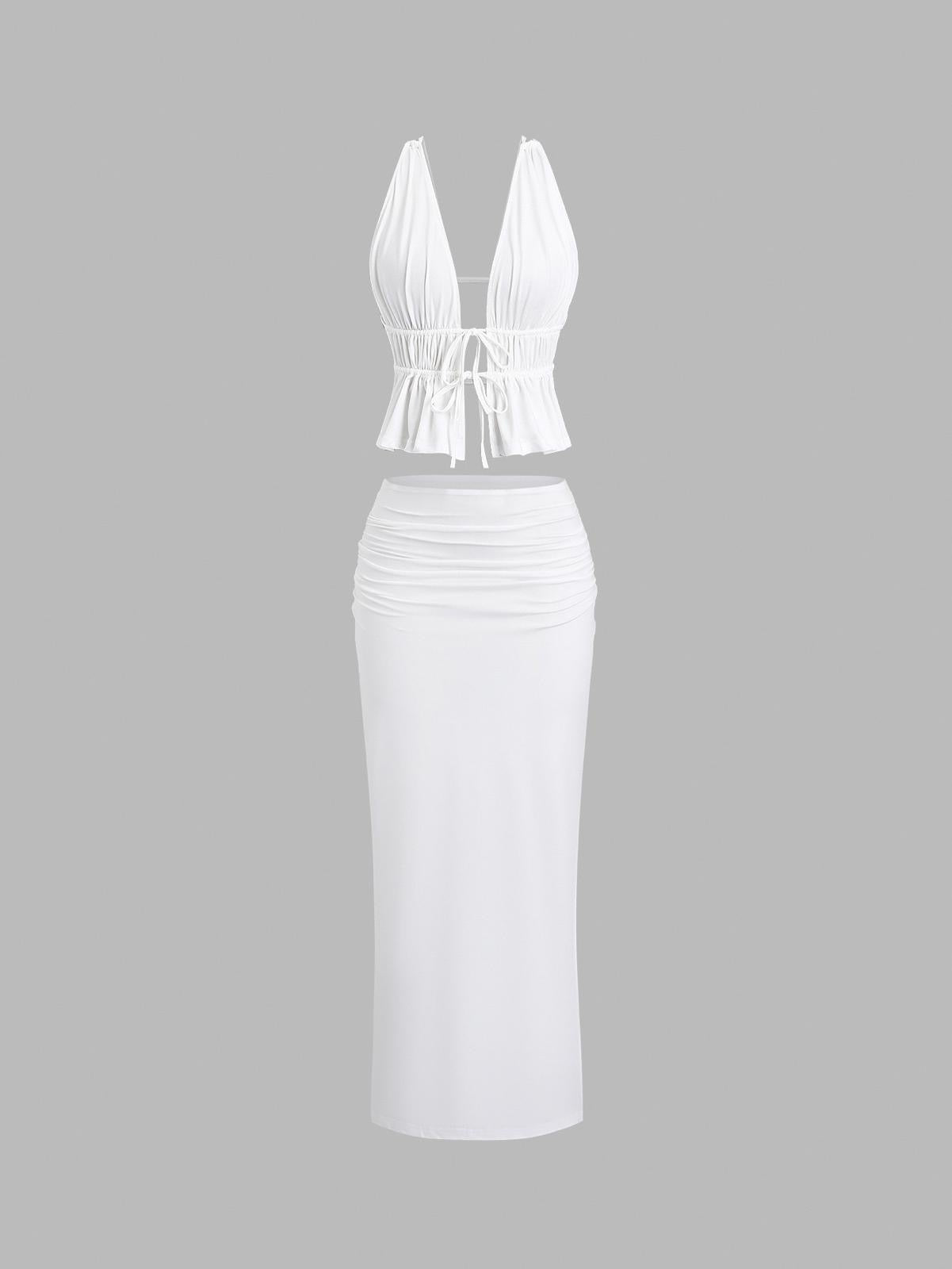 White cut out v skirt set