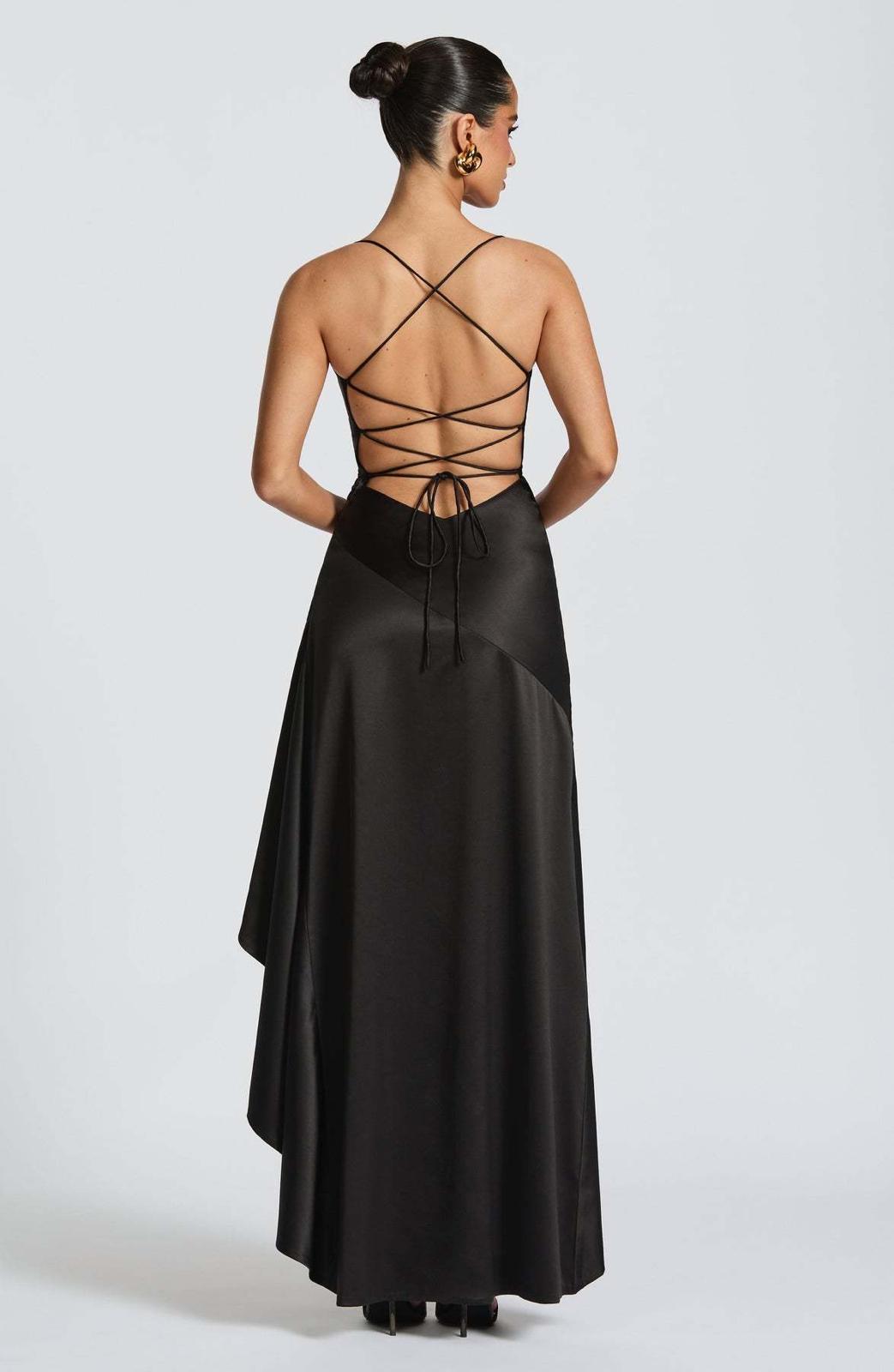 Black Satin Long Dress With Ruffled Slit