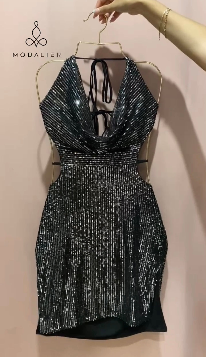 Black Sequins Cowl Neck Cutout Mini Dress