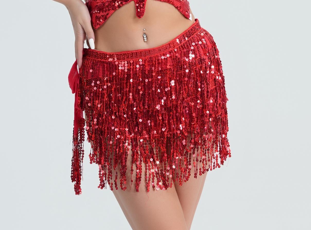 Red Sequins Fringe Skirt