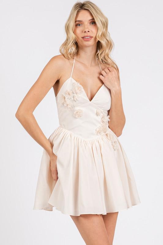 Beige V Neck Floral Details Short Dress