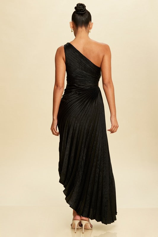 Red Pleated Glitter Asymmetric Long Dress