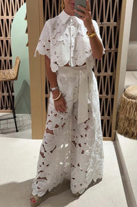 Flower eyelet palazzo & Button Up Blouse