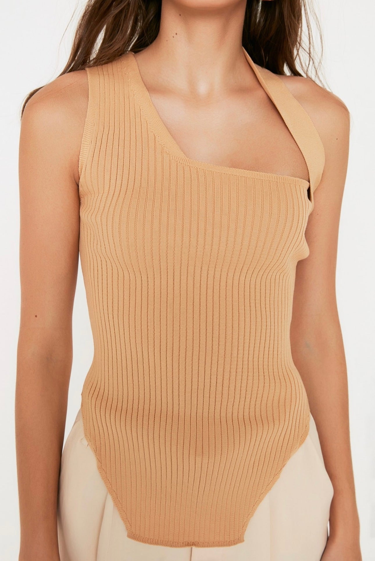 Beige Knitted Asymmetric Top