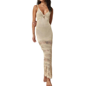 Beige Crochet Fringes Maxi Dress