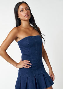 Denim Strapless Pleated Dress