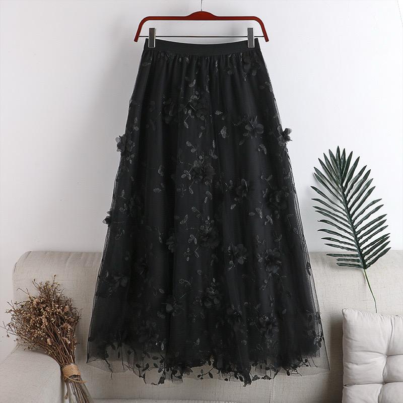 Black Floral Tulle Midi Skirt