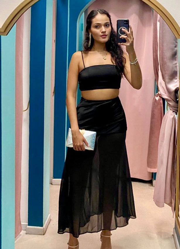 Black Satin Sheer Maxi Skirt Set