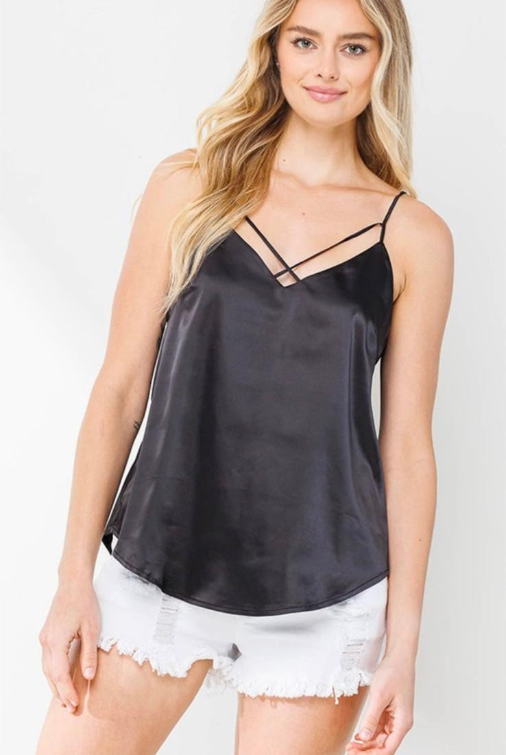 Double V Neck Satin Black Blouse