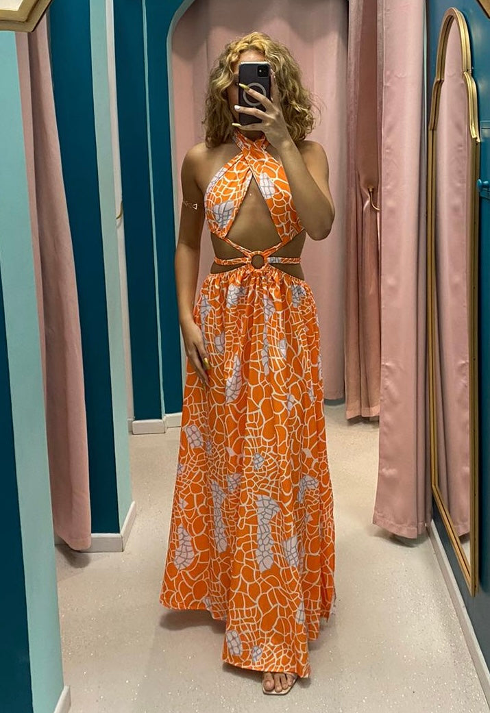 Orange Printed Slit Maxi Dress