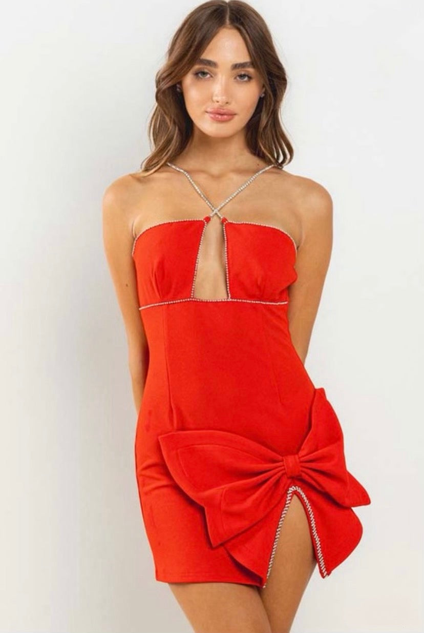 Red Bow Halter Rhinestones Dress