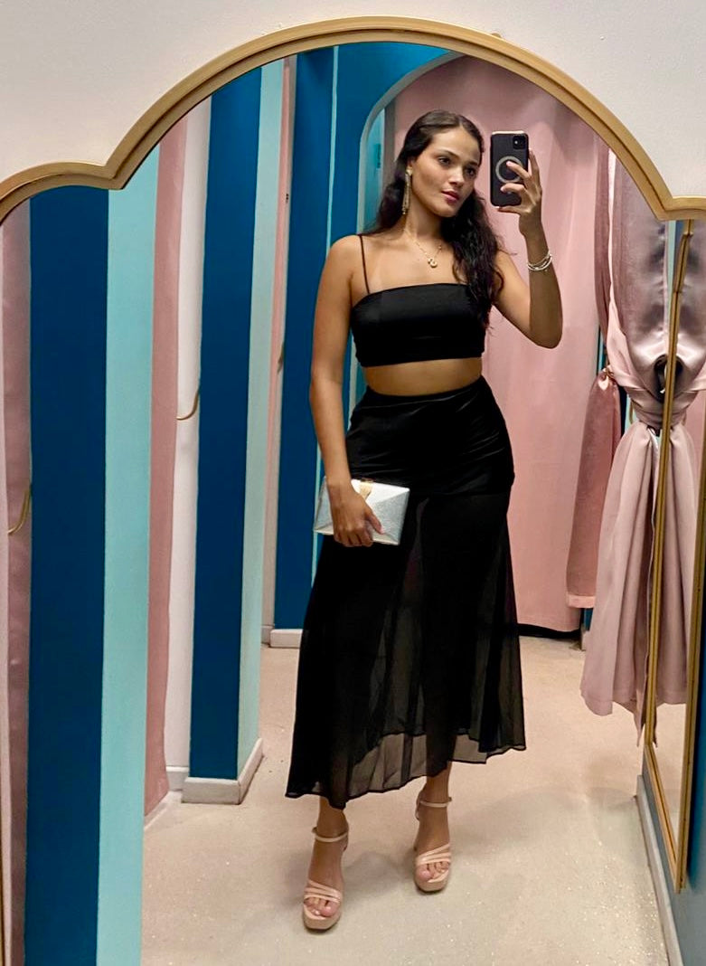 Black Satin Sheer Maxi Skirt Set