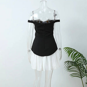 Black and White off shoulder pleated skirt short dress