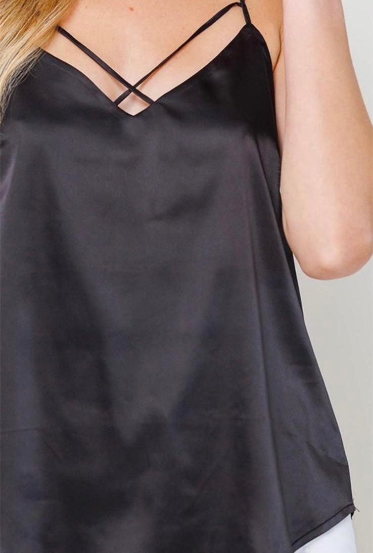 Double V Neck Satin Black Blouse