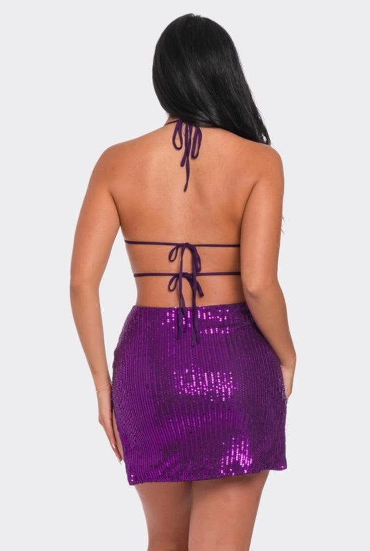 Purple Sequins Cutout Mini Dress