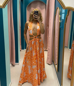 Orange Printed Slit Maxi Dress