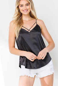 Double V Neck Satin Black Blouse