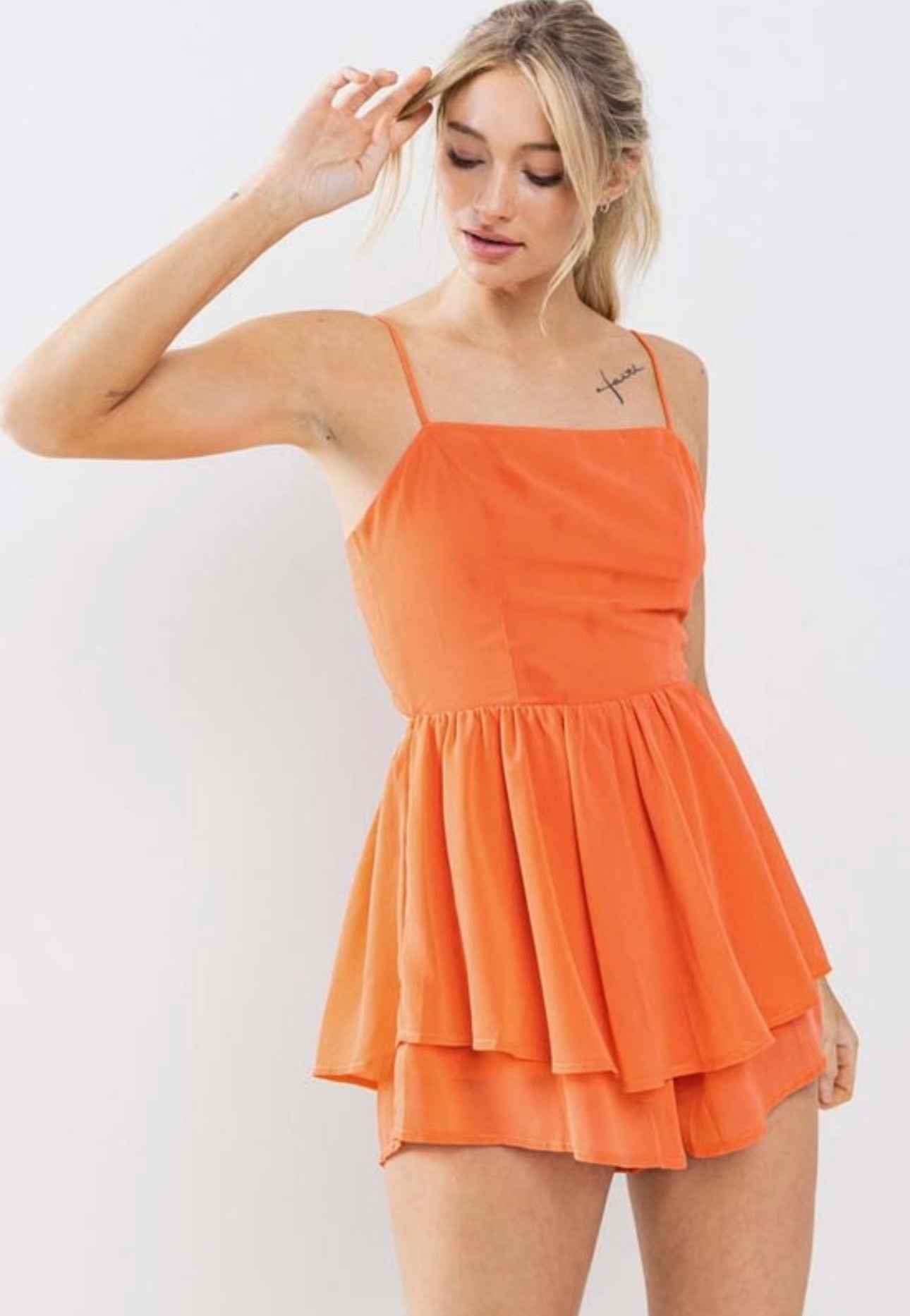 Back Knot Orange Spaghetti Straps Romper