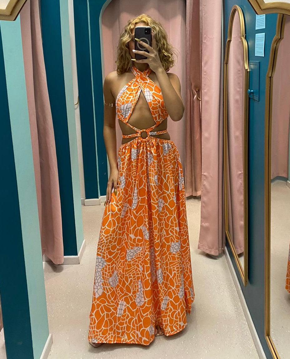 Orange Printed Slit Maxi Dress