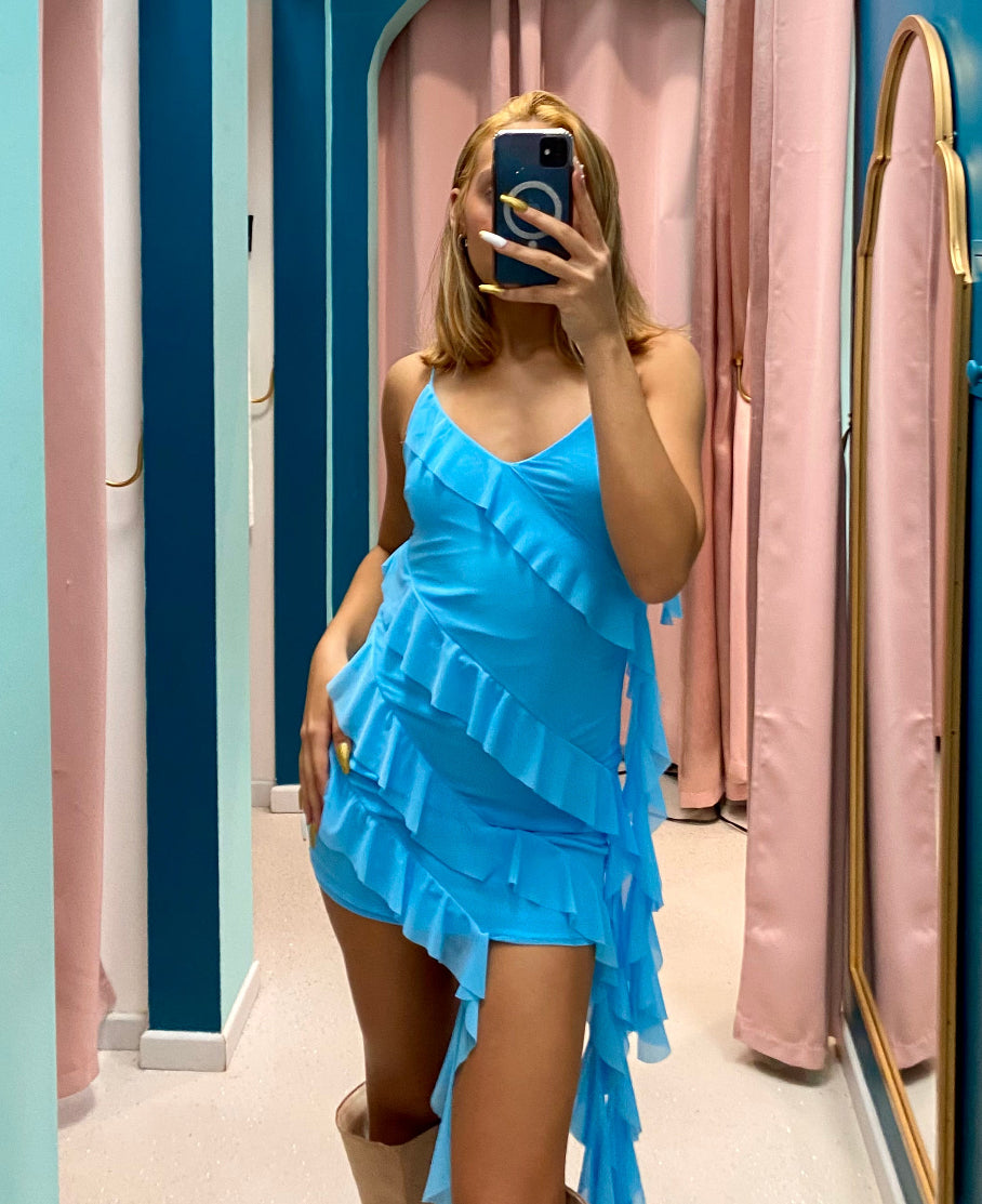 Light Blue Long Ruffles Short Dress