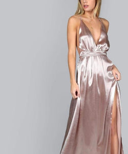 Satin V Neck Mauve Long Dress