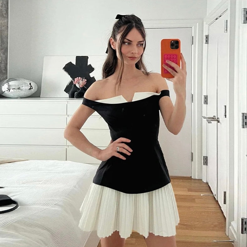 Black and White off shoulder pleated skirt short dress