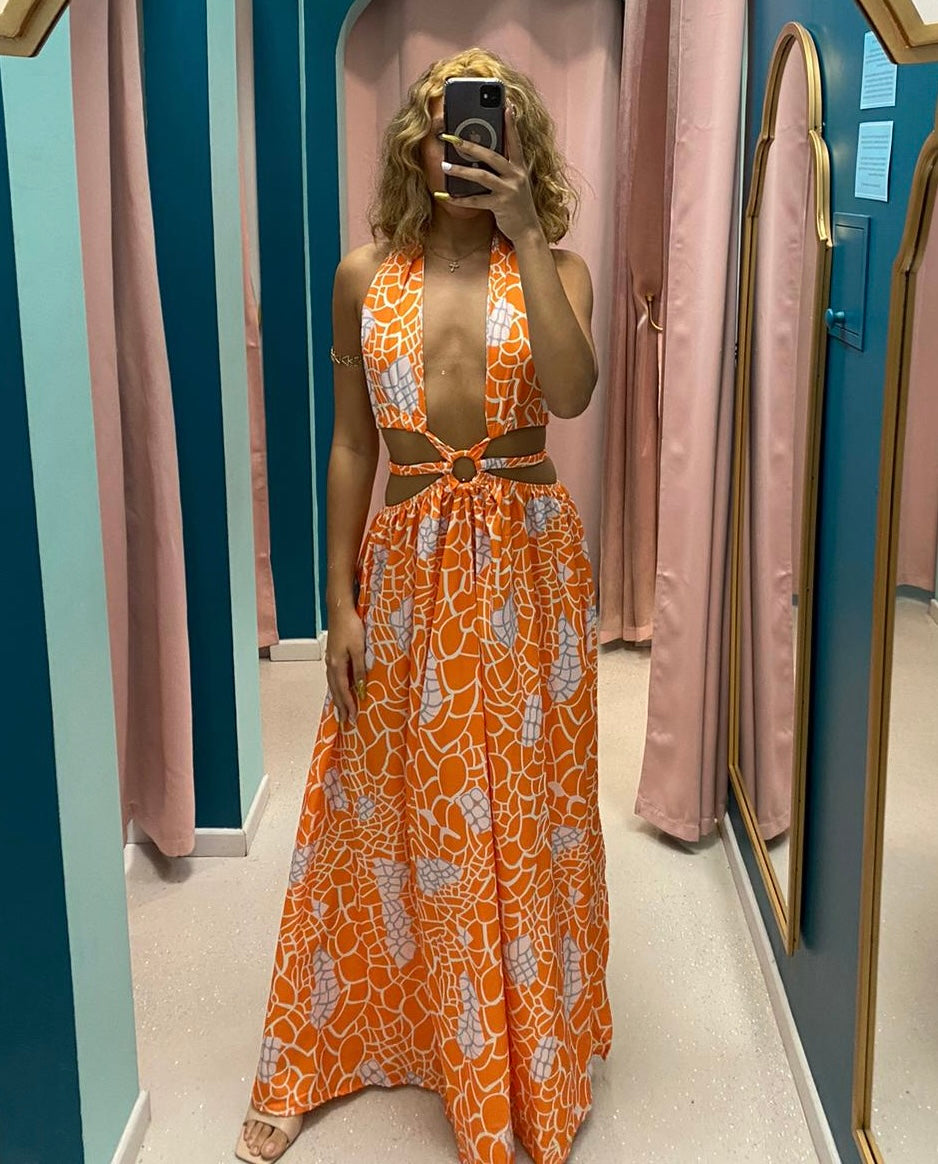 Orange Printed Slit Maxi Dress