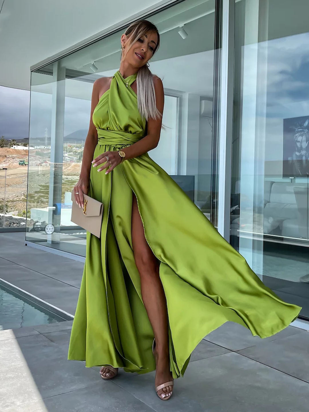 Hunter Green Multiway Satin Long Dress