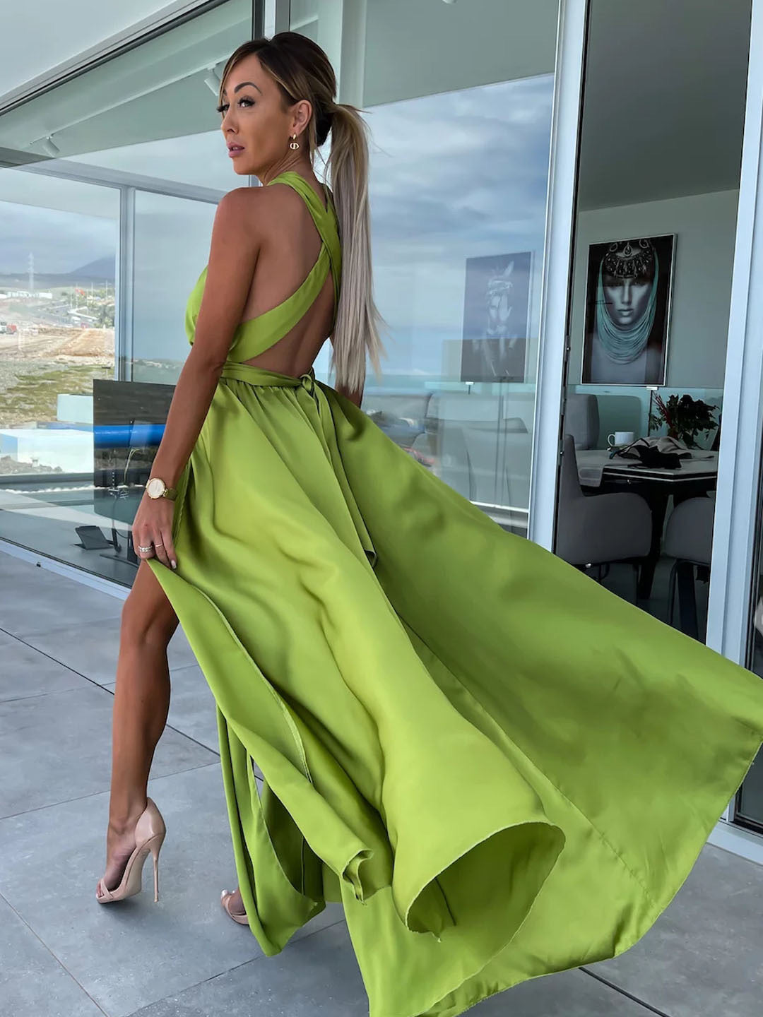 Hunter Green Multiway Satin Long Dress