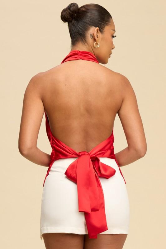 Red satin backless top
