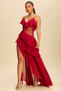 Burgundy Lace Ruffled Long Dress