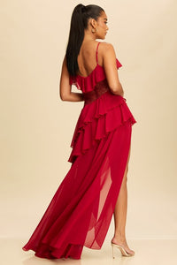 Burgundy Lace Ruffled Long Dress