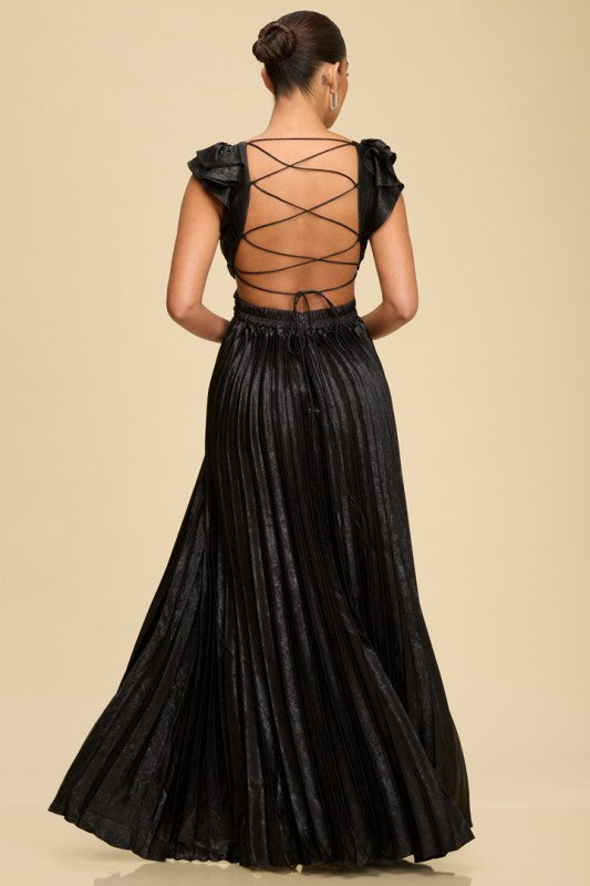 Pleated Silver Crossed Back Long Dress