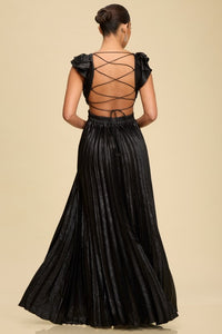 Pleated Silver Crossed Back Long Dress