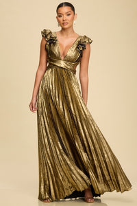 Pleated Silver Crossed Back Long Dress