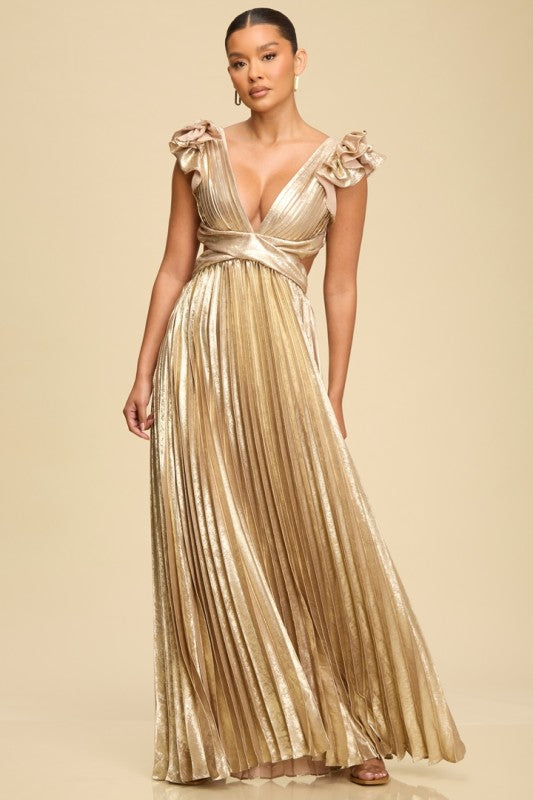 Pleated Silver Crossed Back Long Dress