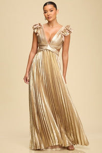 Pleated Silver Crossed Back Long Dress