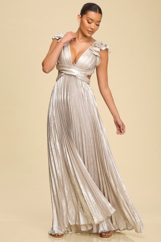 Pleated Silver Crossed Back Long Dress
