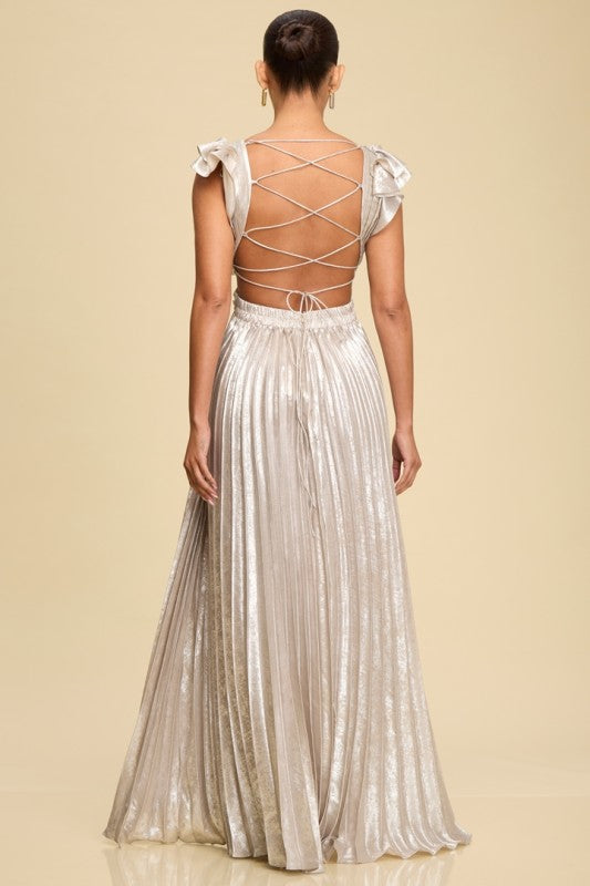 Pleated Silver Crossed Back Long Dress