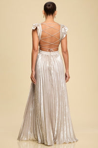 Pleated Silver Crossed Back Long Dress