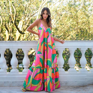 Multicolor Tiered Tropical Maxi Dress