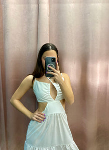 White Halter Cutout Tiered Midi Dress