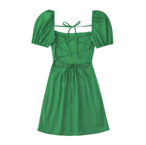 Kelly Green Backless Bubble Sleeves Short Dress