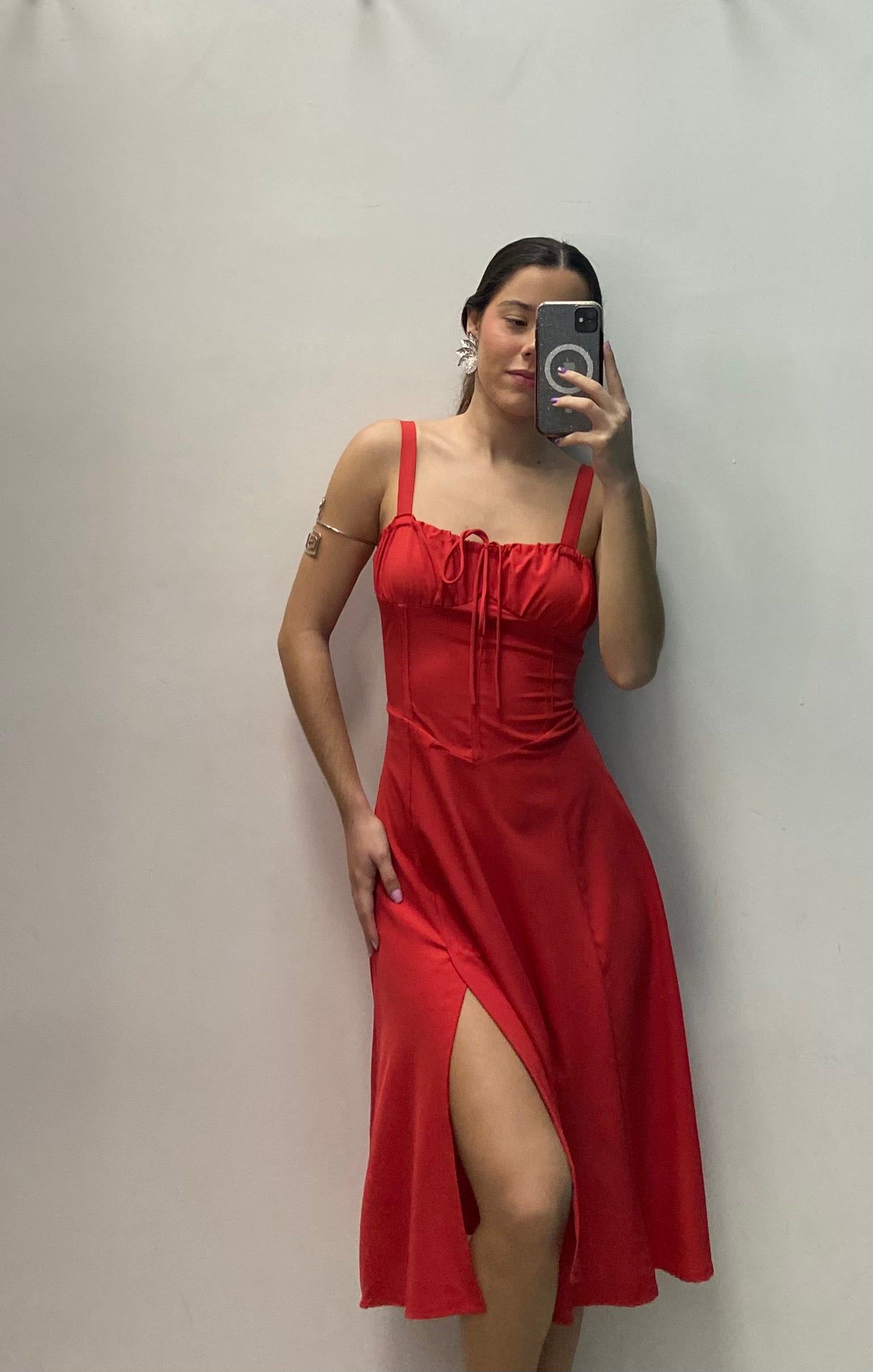 Red Corset Midi Dress With A Slit