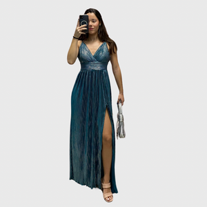 Teal and Silver Pleated Long Dress