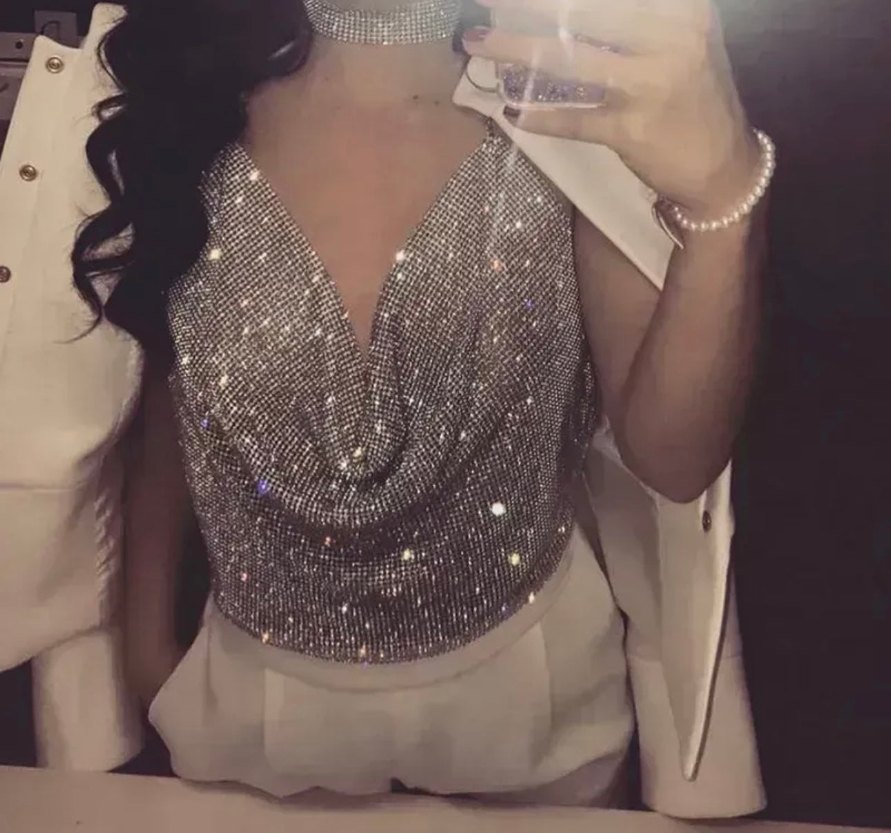 Gold Rhinestones Cowl Neck Top