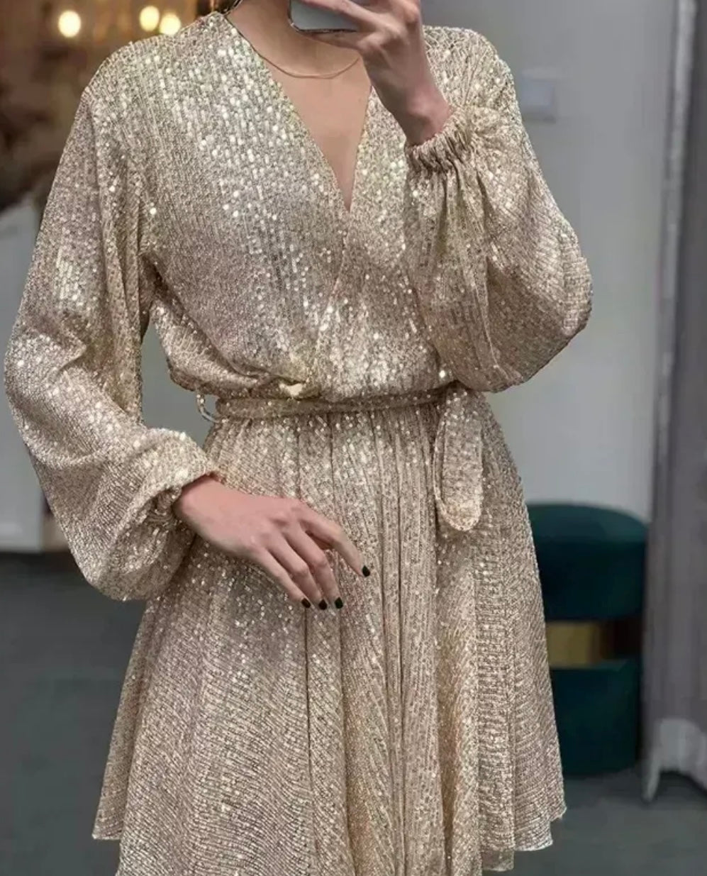 Champagne Long Sleeve Short Sequins Dress